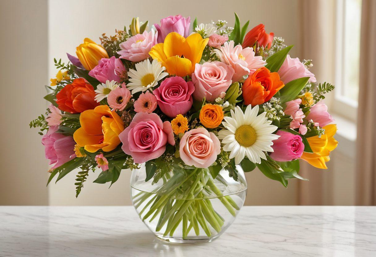 A vibrant bouquet of diverse flowers elegantly arranged in a stylish glass vase, showcasing roses, tulips, and daisies in full bloom. The background features soft, blurred pastel colors to evoke a romantic ambiance. Delicate petals are scattered around the base of the vase to enhance the feeling of love and celebration. The composition should feel warm and inviting, perfect for expressing affection. super-realistic. vibrant colors. soft focus.