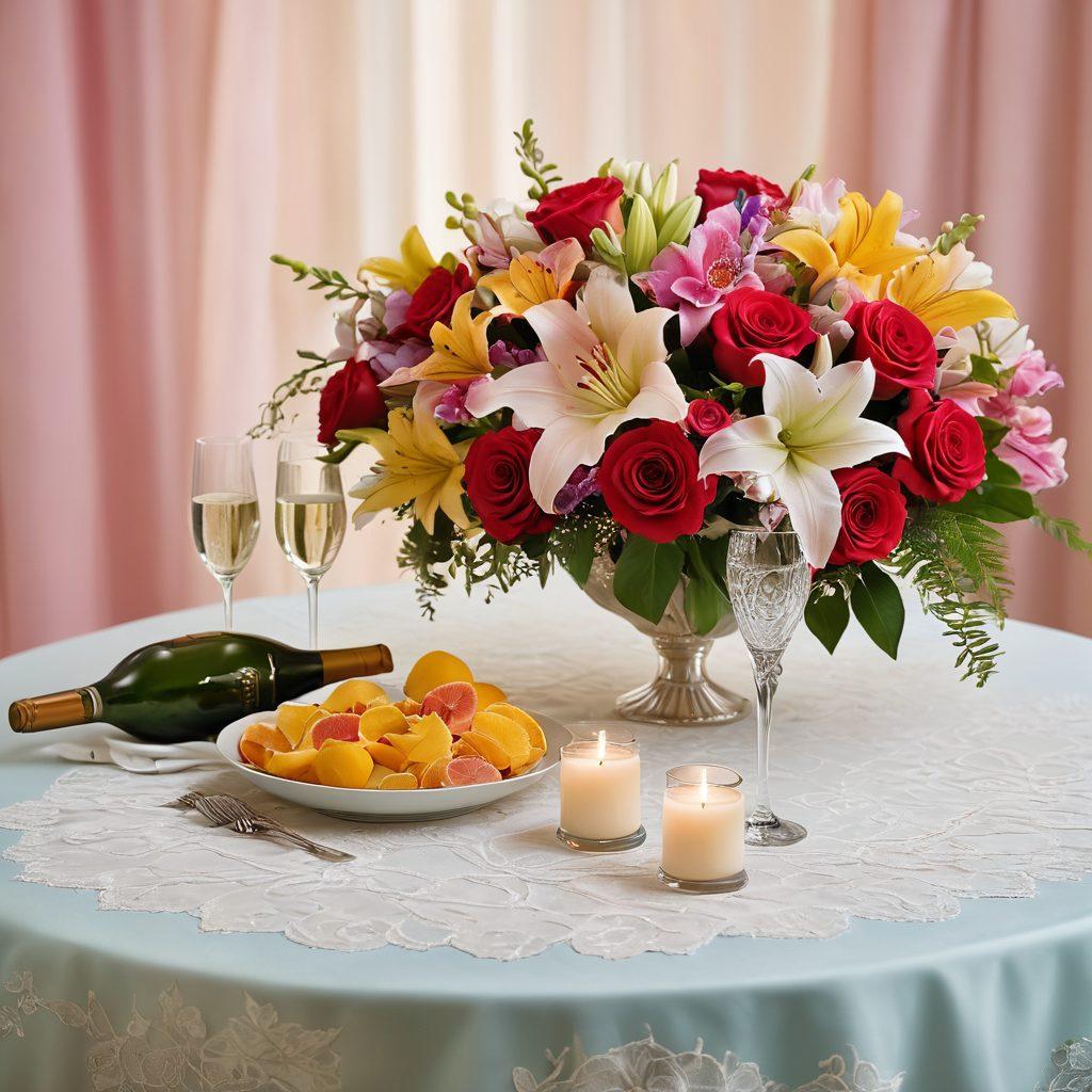A beautifully arranged floral display featuring vibrant roses, lilies, and orchids, set against a soft pastel backdrop. Include elegant wedding and anniversary elements like lace tablecloths, candles, and champagne flutes. The scene should exude romance and joy, capturing the essence of special celebrations. Incorporate natural lighting to enhance the colors and textures of the flowers. super-realistic. vibrant colors. soft background.